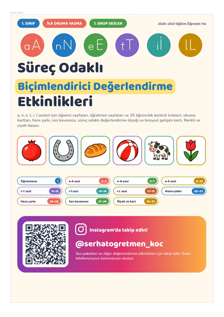 1. Sınıf İlk Okuma Yazma 1. Grup Sesler (a, n, e, t, i, l) Süreç Odaklı Biçimlendirici Değerlendirme Etkinlikleri, 1. sayfa
