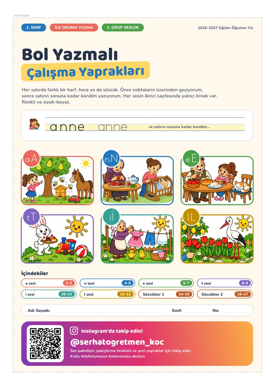 1. Sınıf 1. Grup Sesler Bol Yazmalı Çalışma Yaprakları, 1. sayfa
