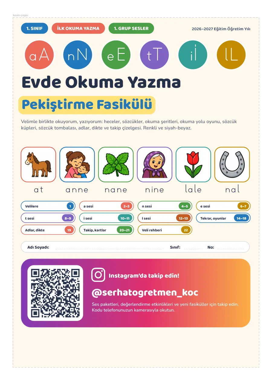 1. Sınıf İlk Okuma Yazma 1. Grup Sesler Evde Pekiştirme Fasikülü, 1. sayfa