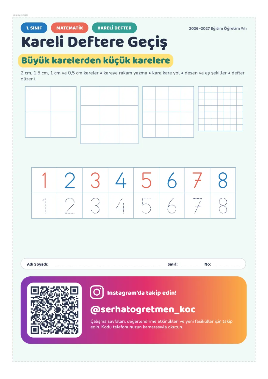 1. Sınıf Matematik Kareli Deftere Geçiş Fasikülü, 1. sayfa