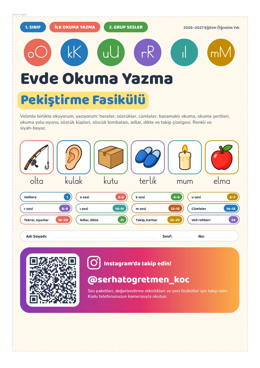 1. Sınıf İlk Okuma Yazma 2. Grup Evde Pekiştirme Fasikülü, 1. sayfa