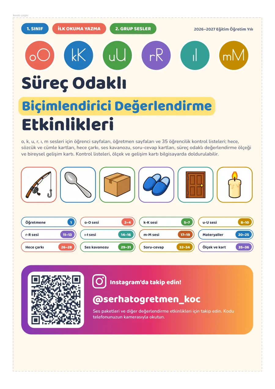 1. Sınıf İlk Okuma Yazma 2. Grup Sesler (o, k, u, r, ı, m) Süreç Odaklı Biçimlendirici Değerlendirme Etkinlikleri, 1. sayfa