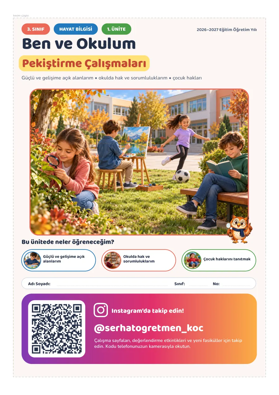 3. Sınıf Hayat Bilgisi 1. Ünite Ben ve Okulum Seti, 1. sayfa