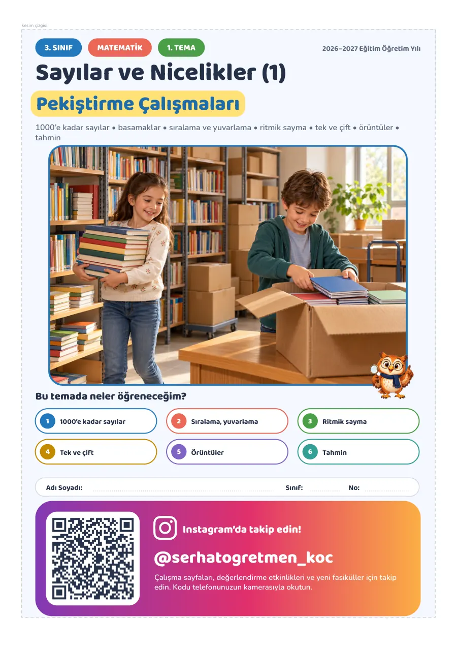3. Sınıf Matematik 1. Tema Sayılar ve Nicelikler (1) Seti, 1. sayfa