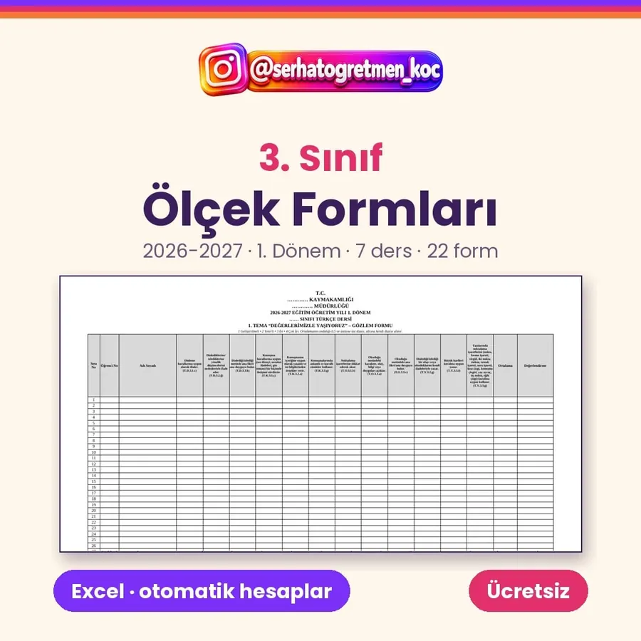 3. Sınıf Süreç Değerlendirme Ölçek Formları 2026-2027 1. Dönem (Excel), 1. sayfa