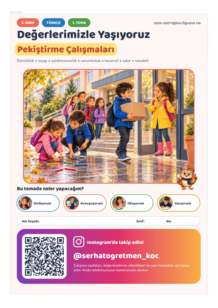 3. Sınıf Türkçe 1. Tema Değerlerimizle Yaşıyoruz Seti, 1. sayfa