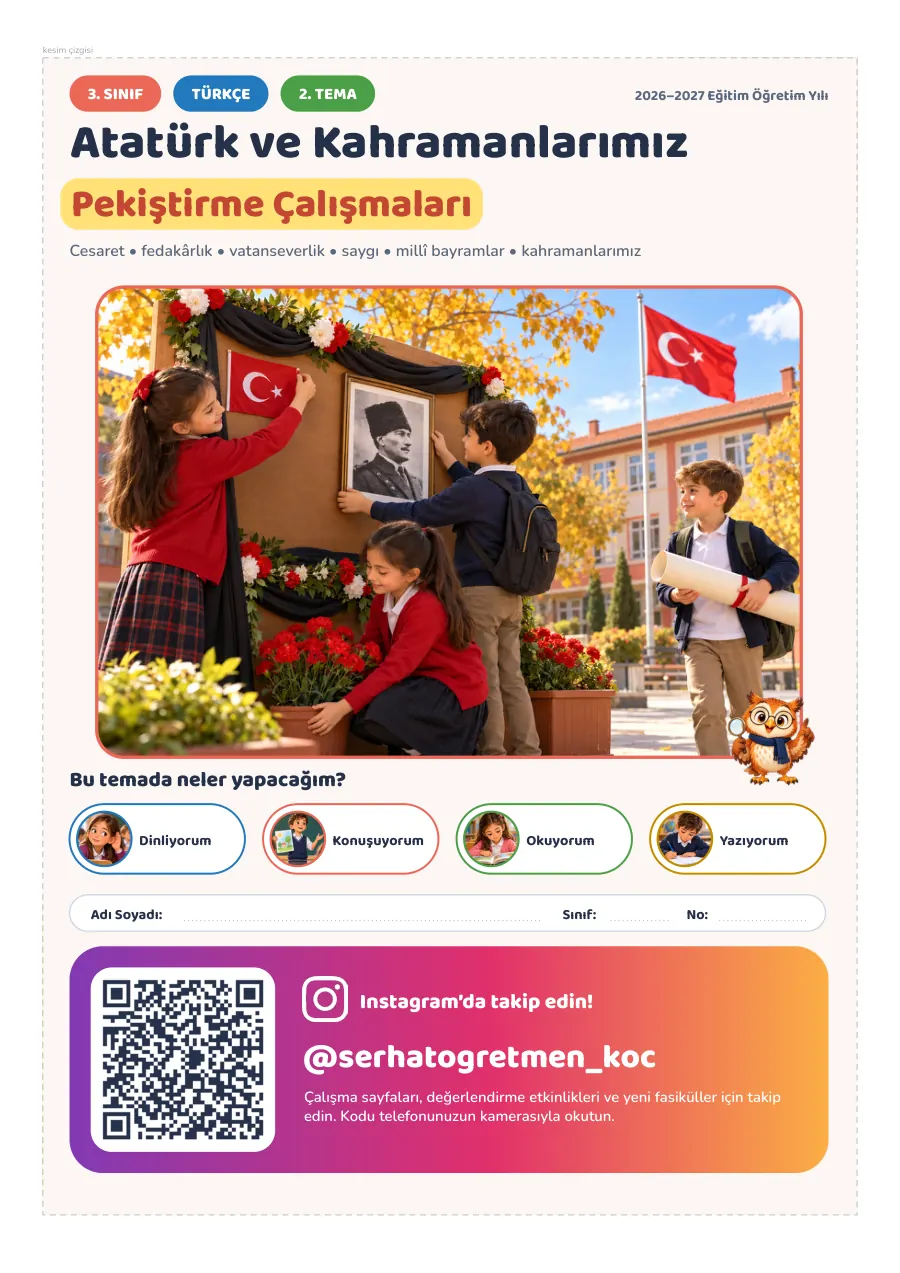 3. Sınıf Türkçe 2. Tema Atatürk ve Kahramanlarımız Seti, 1. sayfa