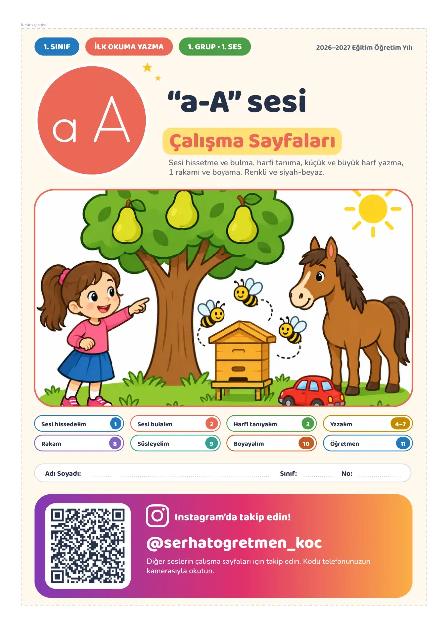 1. Sınıf İlk Okuma Yazma “a-A” Sesi Çalışma Sayfaları, 1. sayfa