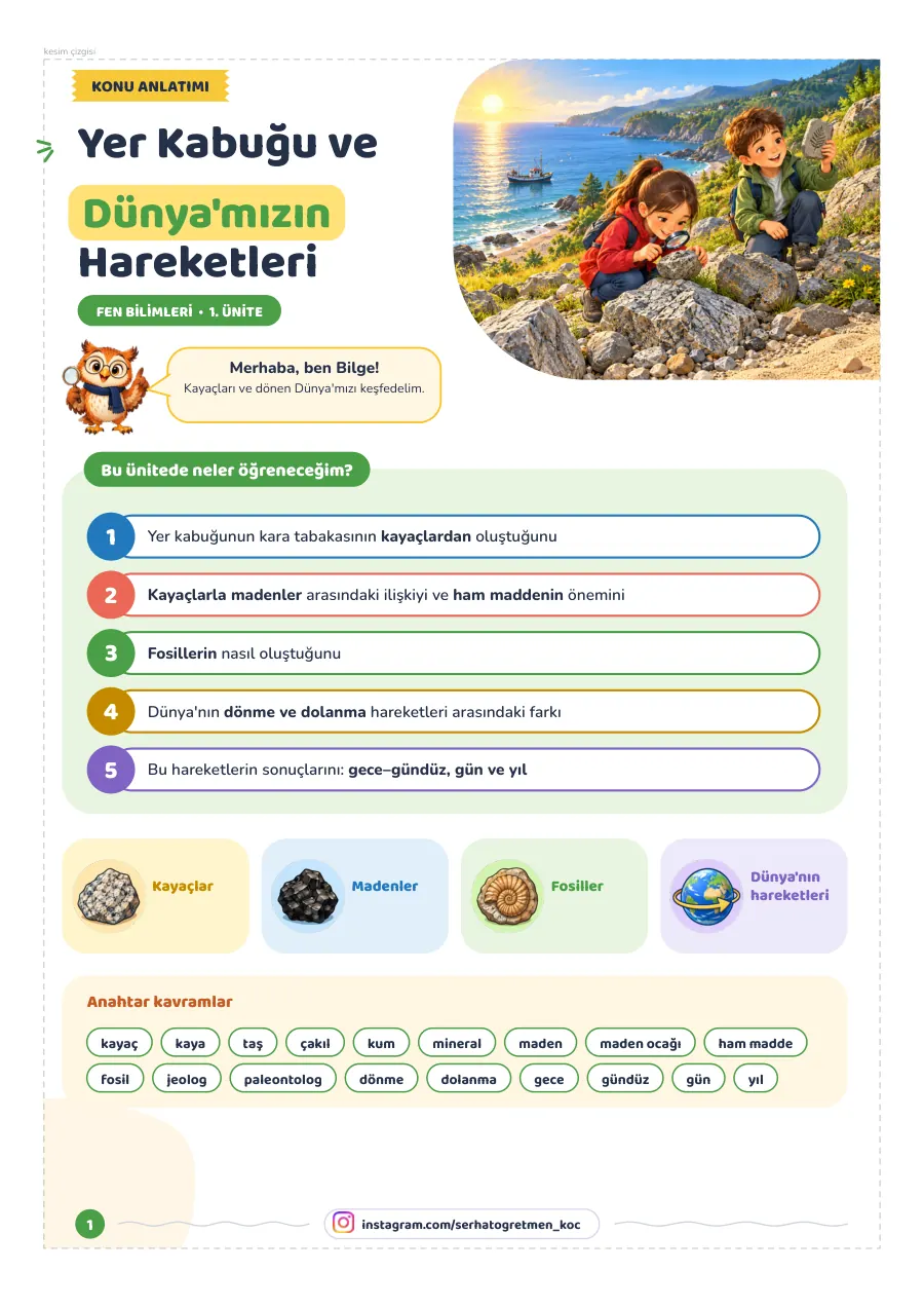 4. Sınıf Fen Bilimleri 1. Ünite Yer Kabuğu ve Dünya’mızın Hareketleri Tam Set, Çalışma sayfaları, 1. sayfa