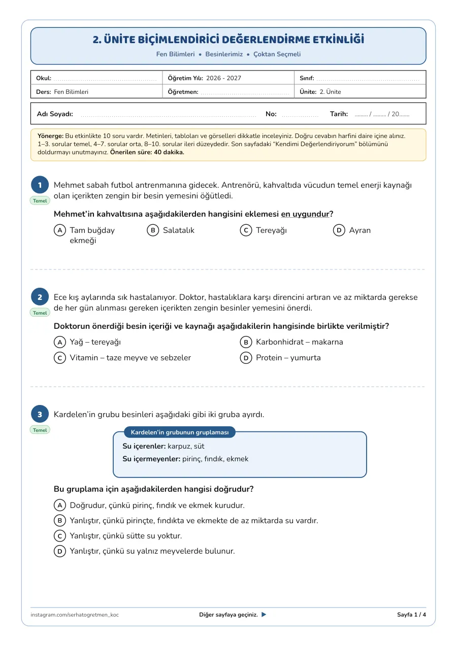 4. Sınıf Fen Bilimleri 2. Ünite “Besinlerimiz” Biçimlendirici Değerlendirme Etkinliği, Çoktan seçmeli, 1. sayfa