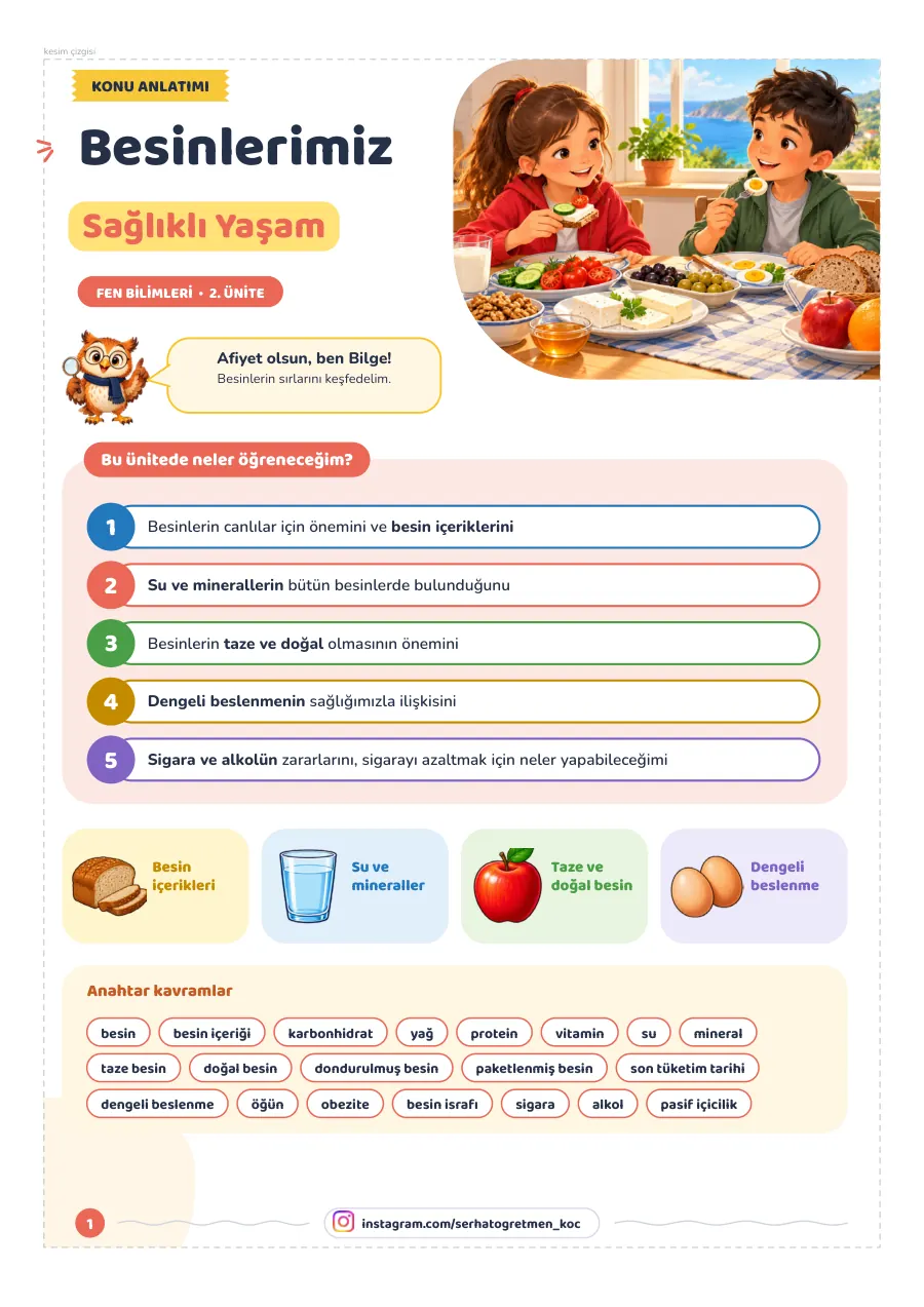 4. Sınıf Fen Bilimleri 2. Ünite “Besinlerimiz” Çalışma Sayfaları, 1. sayfa