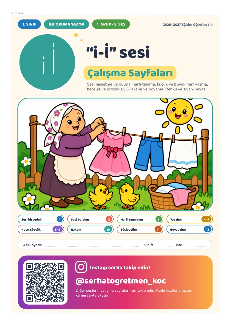 1. Sınıf İlk Okuma Yazma “i-İ” Sesi Çalışma Sayfaları, 1. sayfa
