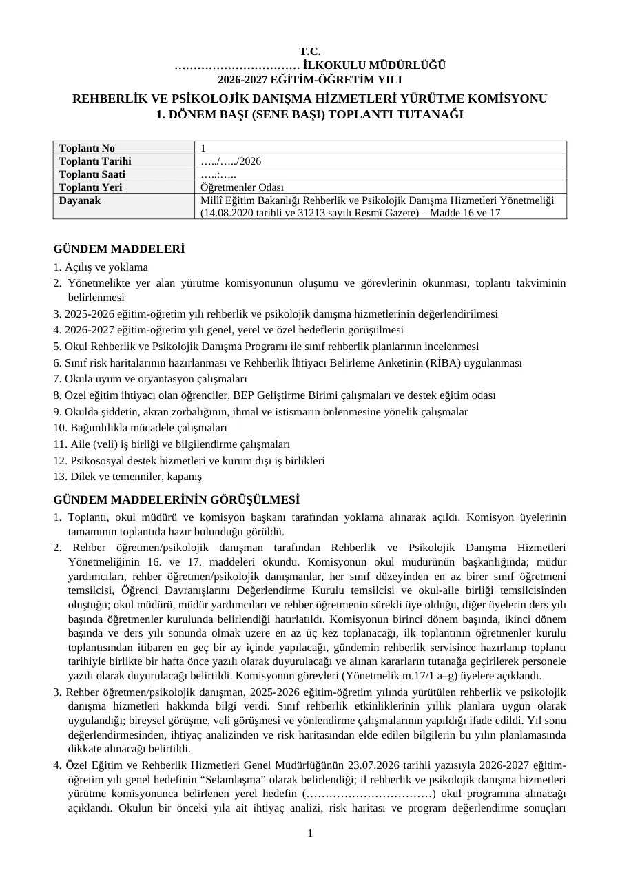 İlkokul Rehberlik Servisi Evrak Seti 2026-2027, RPD Yürütme Komisyonu tutanakları, 1. sayfa