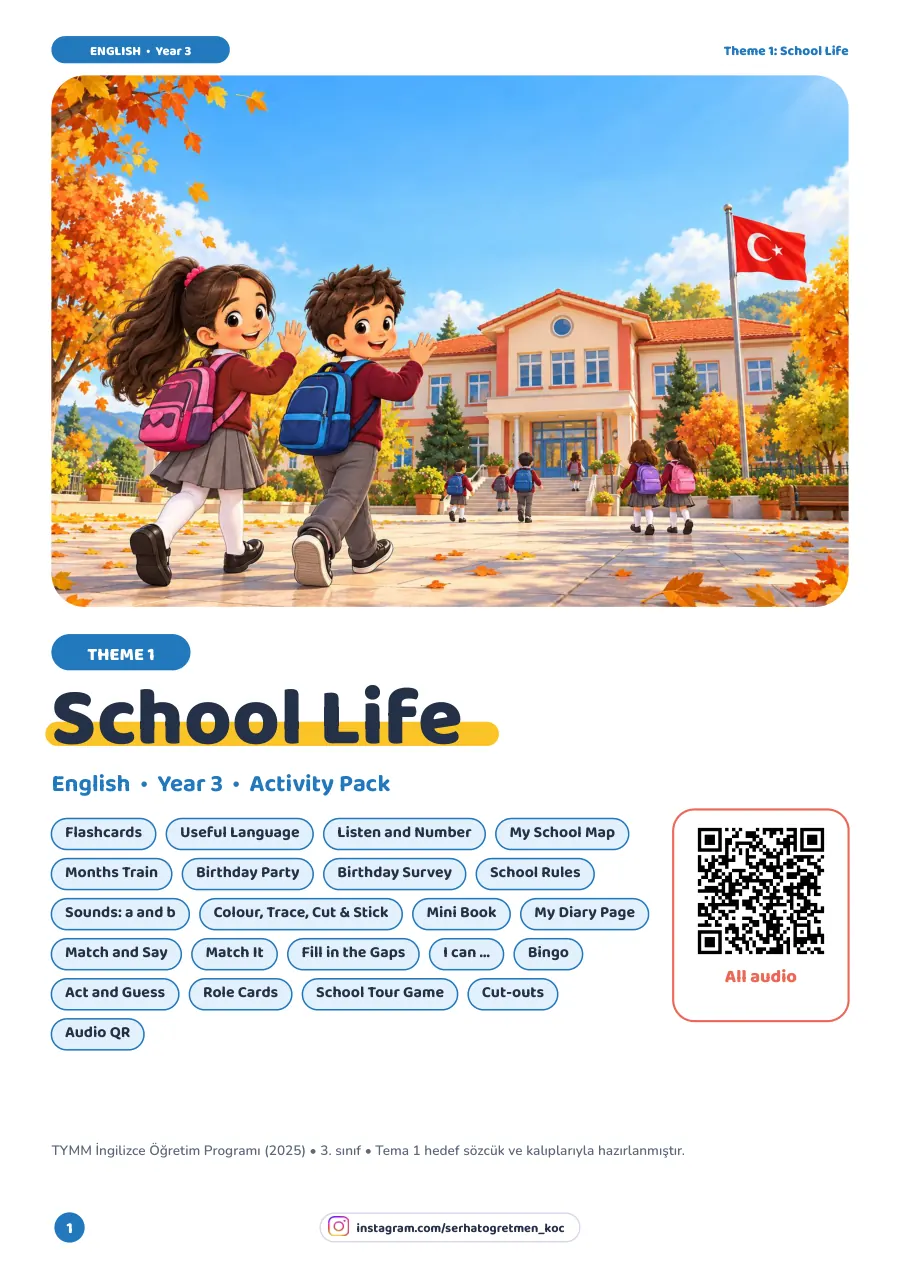 3. Sınıf İngilizce Tema 1 School Life Paketi, Etkinlik paketi, 1. sayfa