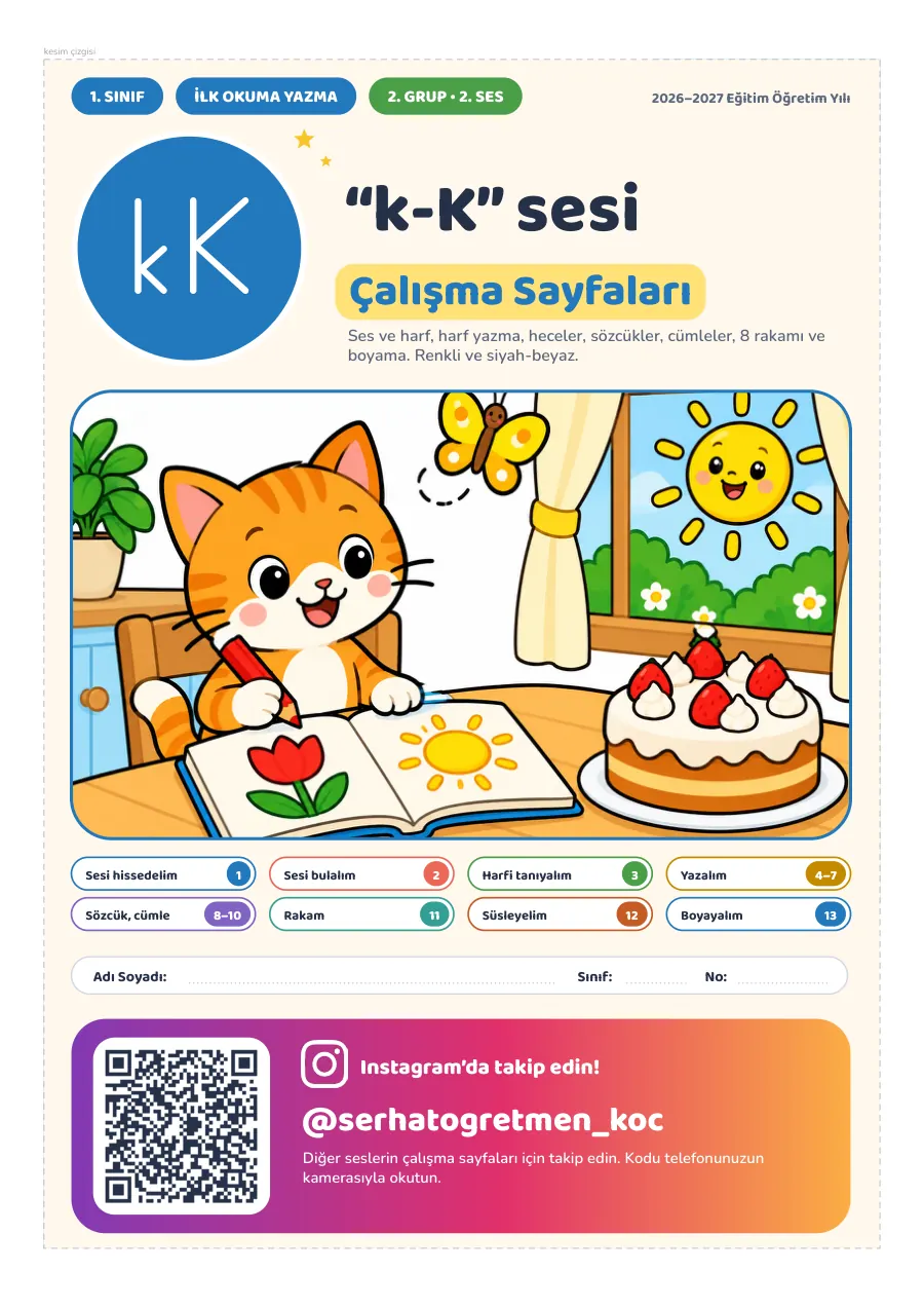1. Sınıf İlk Okuma Yazma k-K Sesi Çalışma Sayfaları, 1. sayfa