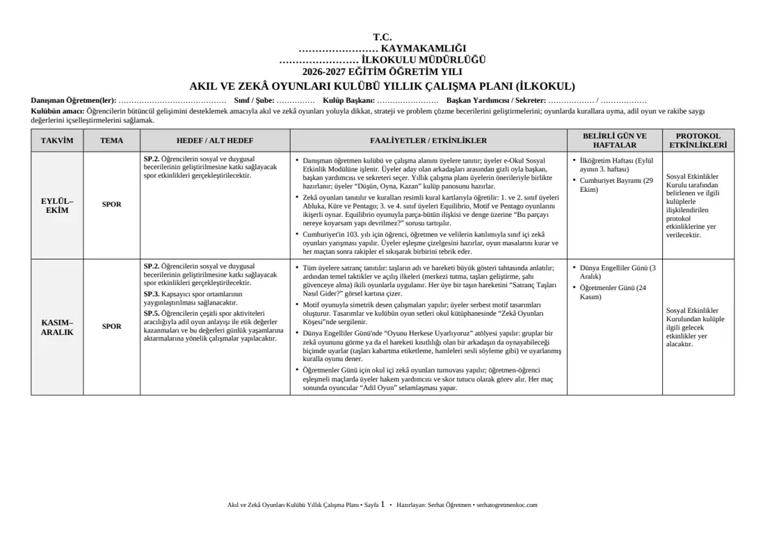 İlkokul Akıl ve Zekâ Oyunları Kulübü, Yıllık plan, 1. sayfa