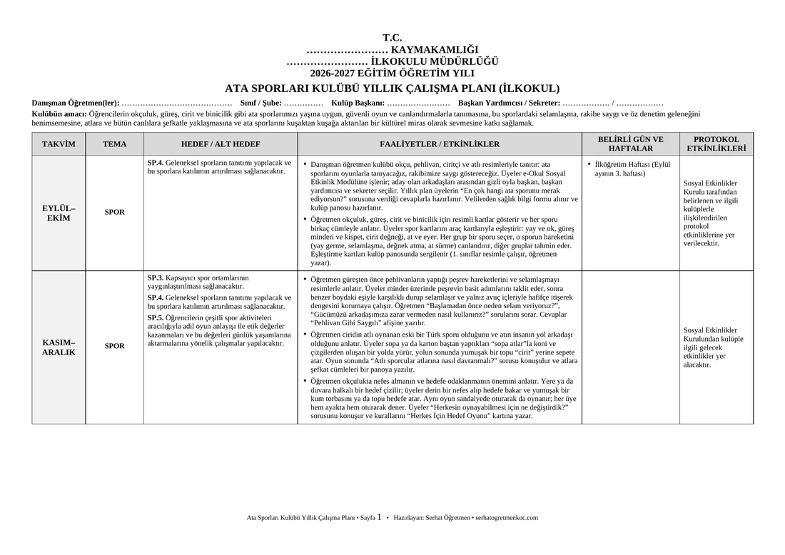 İlkokul Ata Sporları Kulübü, Yıllık plan, 1. sayfa