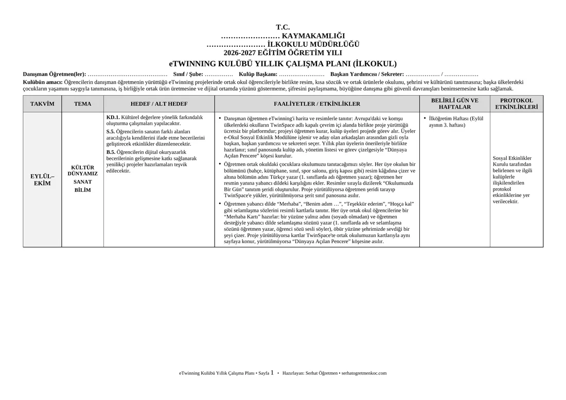 İlkokul eTwinning Kulübü, Yıllık plan, 1. sayfa