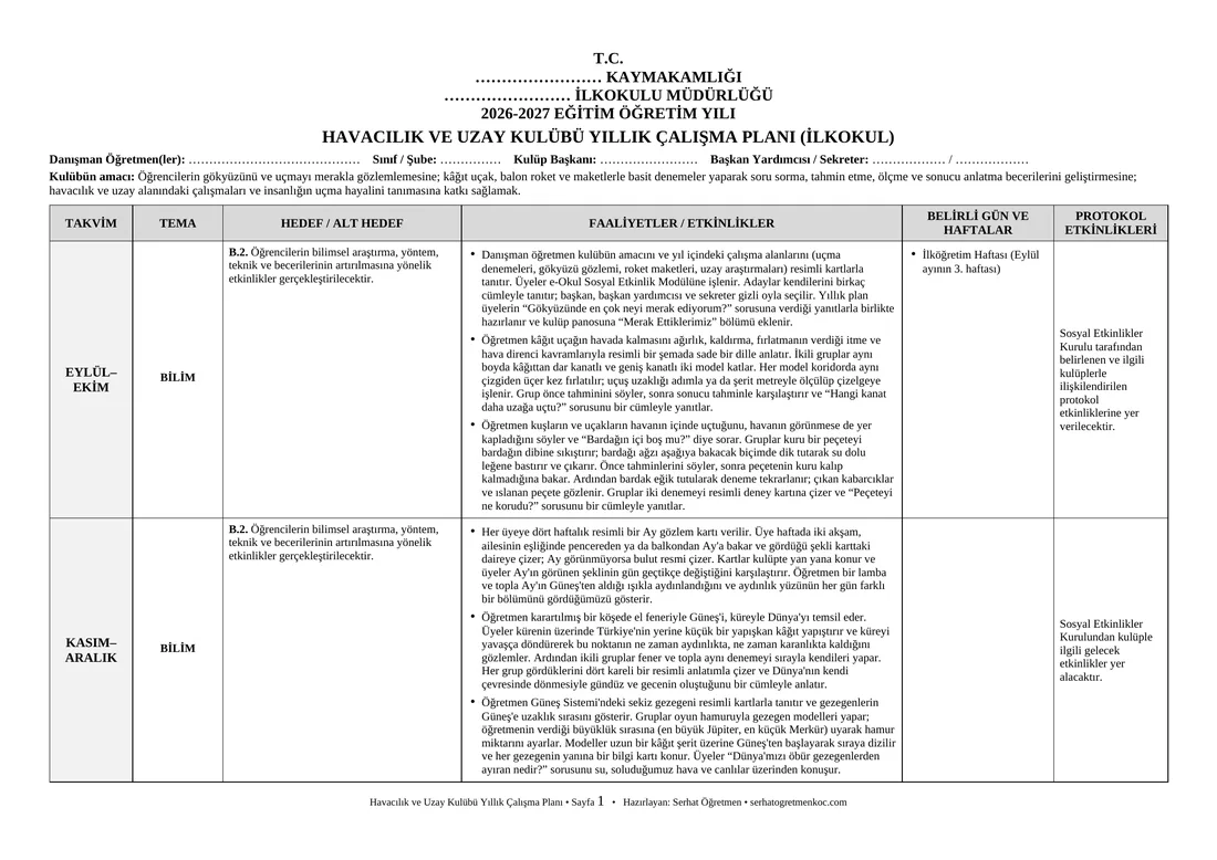 İlkokul Havacılık ve Uzay Kulübü, Yıllık plan, 1. sayfa
