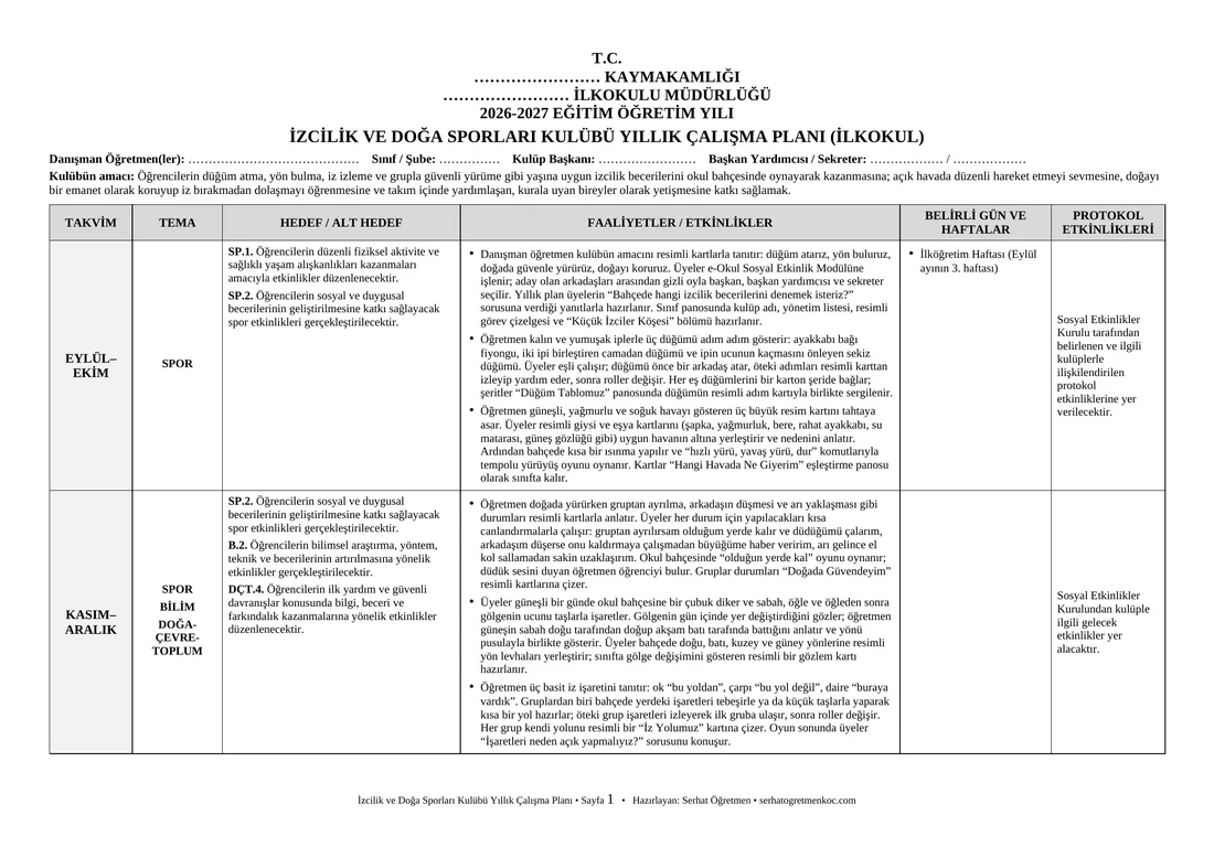 İlkokul İzcilik ve Doğa Sporları Kulübü, Yıllık plan, 1. sayfa