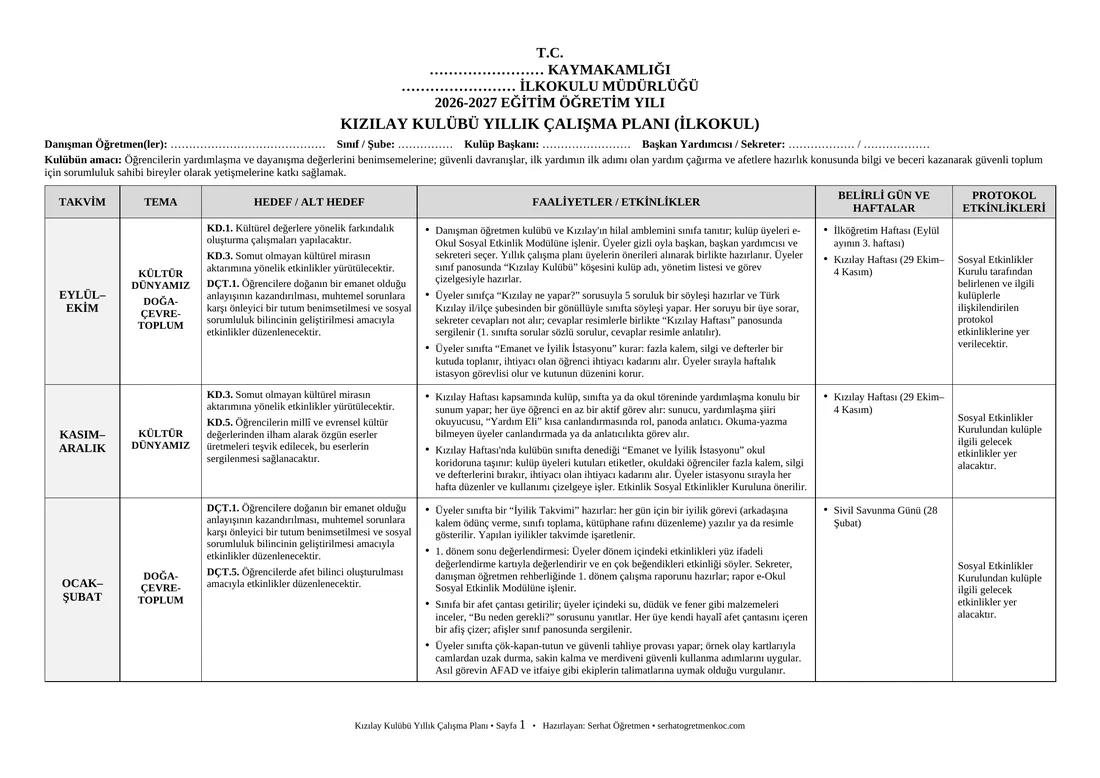 İlkokul Kızılay Kulübü, Yıllık plan, 1. sayfa