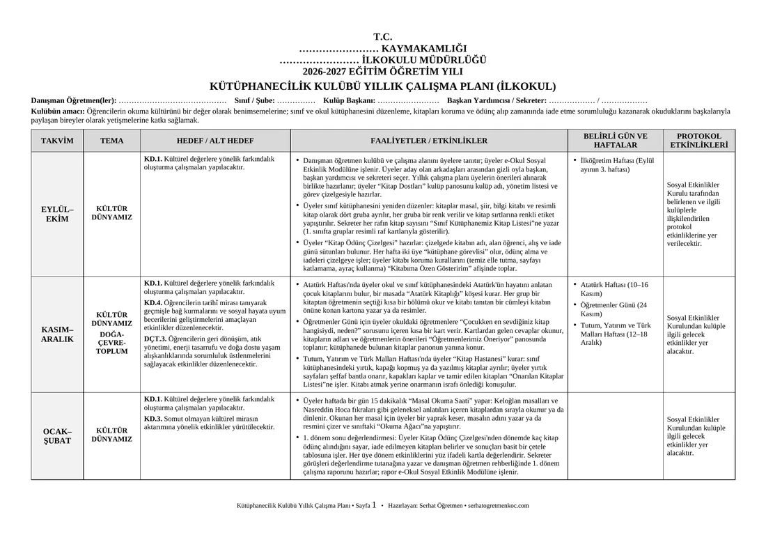 İlkokul Kütüphanecilik Kulübü, Yıllık plan, 1. sayfa