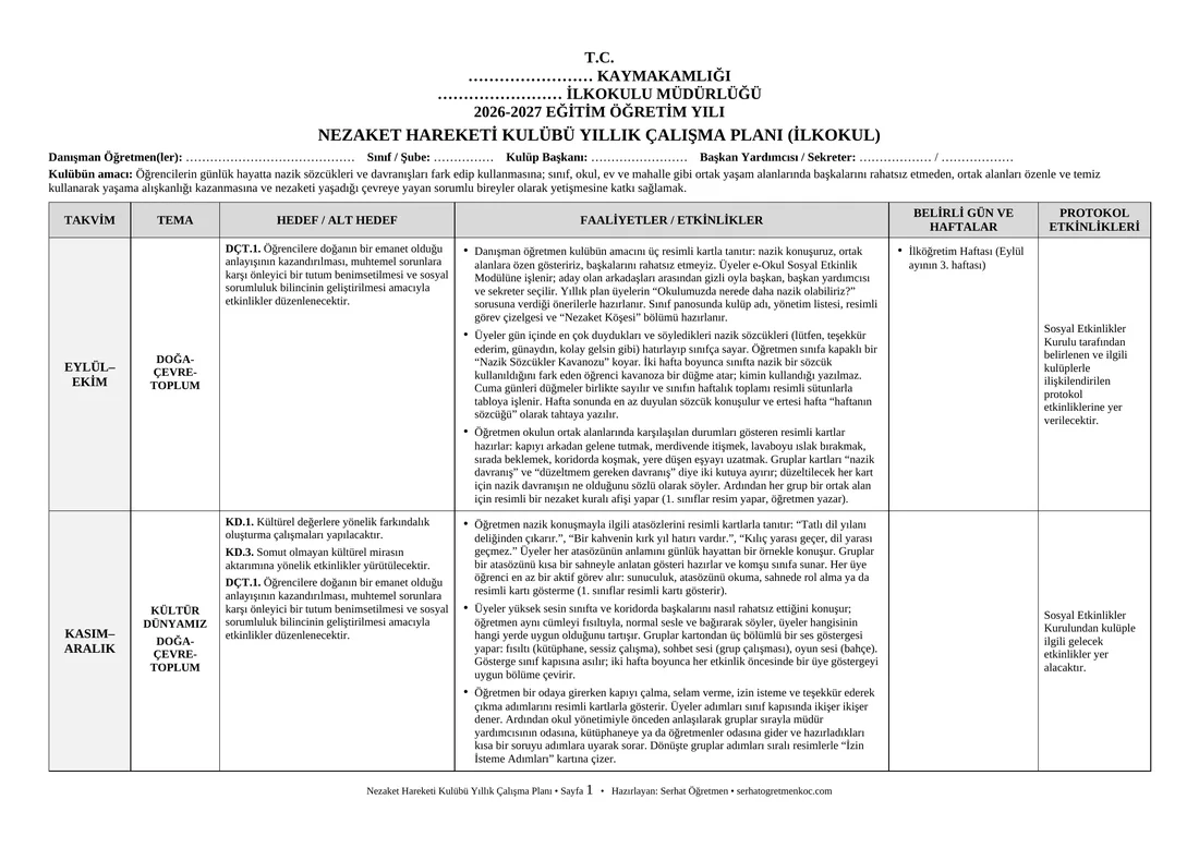 İlkokul Nezaket Hareketi Kulübü, Yıllık plan, 1. sayfa