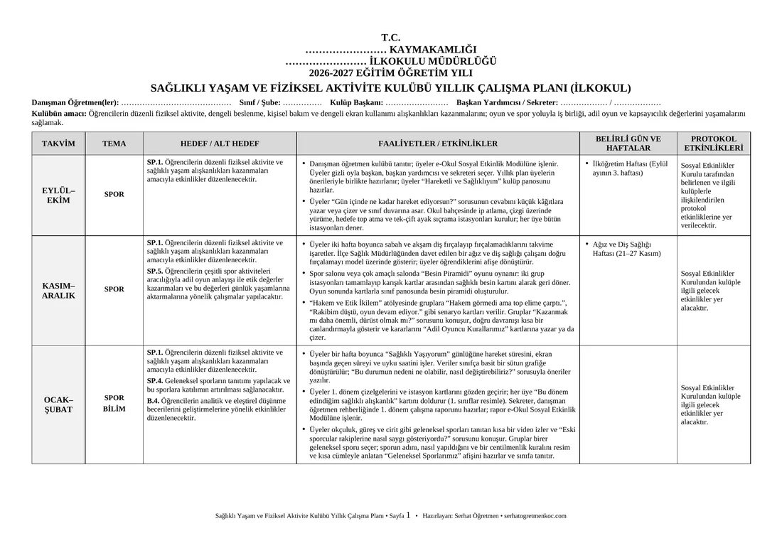 İlkokul Sağlıklı Yaşam ve Fiziksel Aktivite Kulübü, Yıllık plan, 1. sayfa