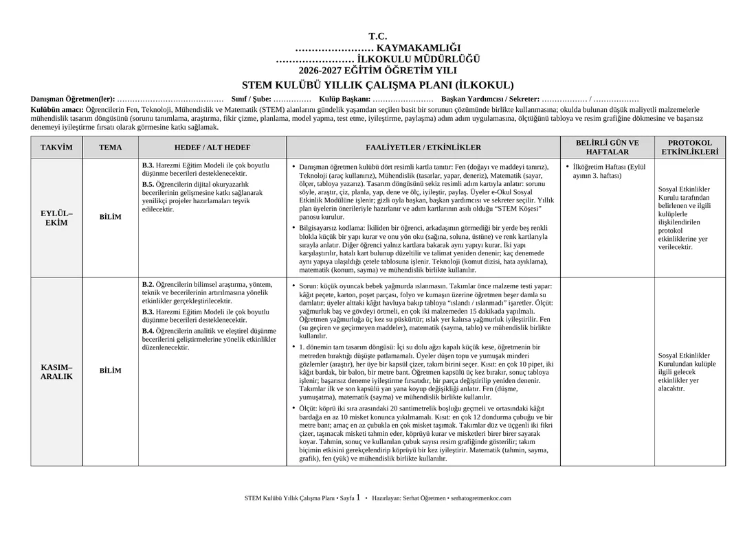 İlkokul STEM Kulübü, Yıllık plan, 1. sayfa