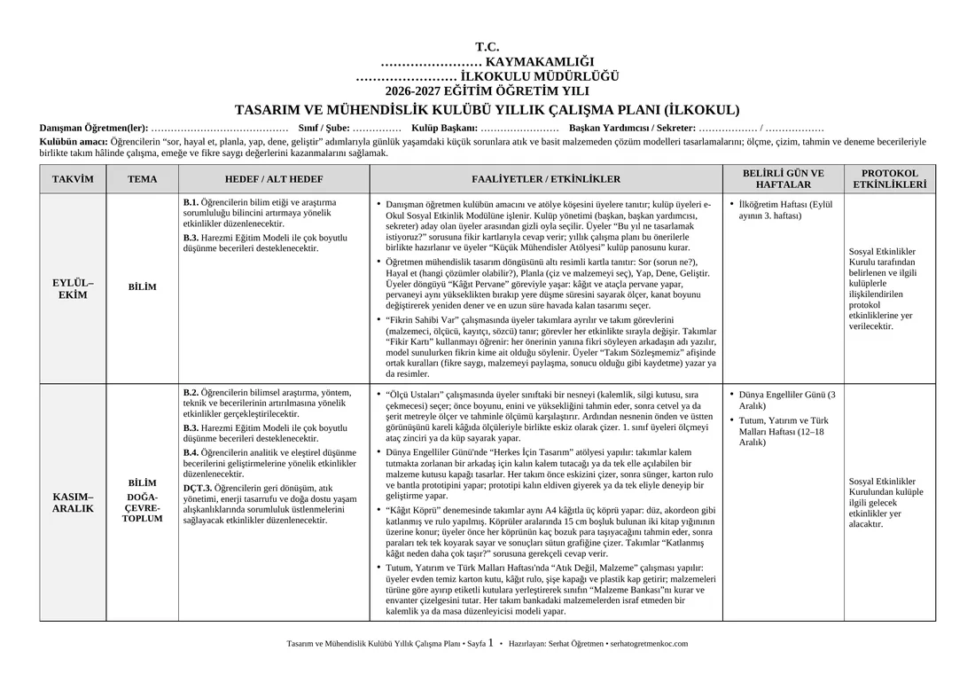 İlkokul Tasarım ve Mühendislik Kulübü, Yıllık plan, 1. sayfa