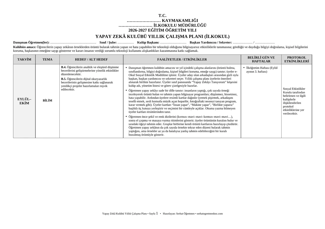İlkokul Yapay Zekâ Kulübü, Yıllık plan, 1. sayfa