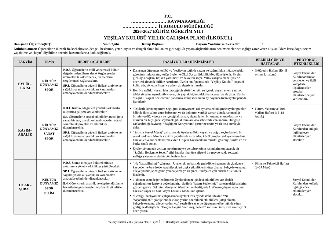 İlkokul Yeşilay Kulübü, Yıllık plan, 1. sayfa