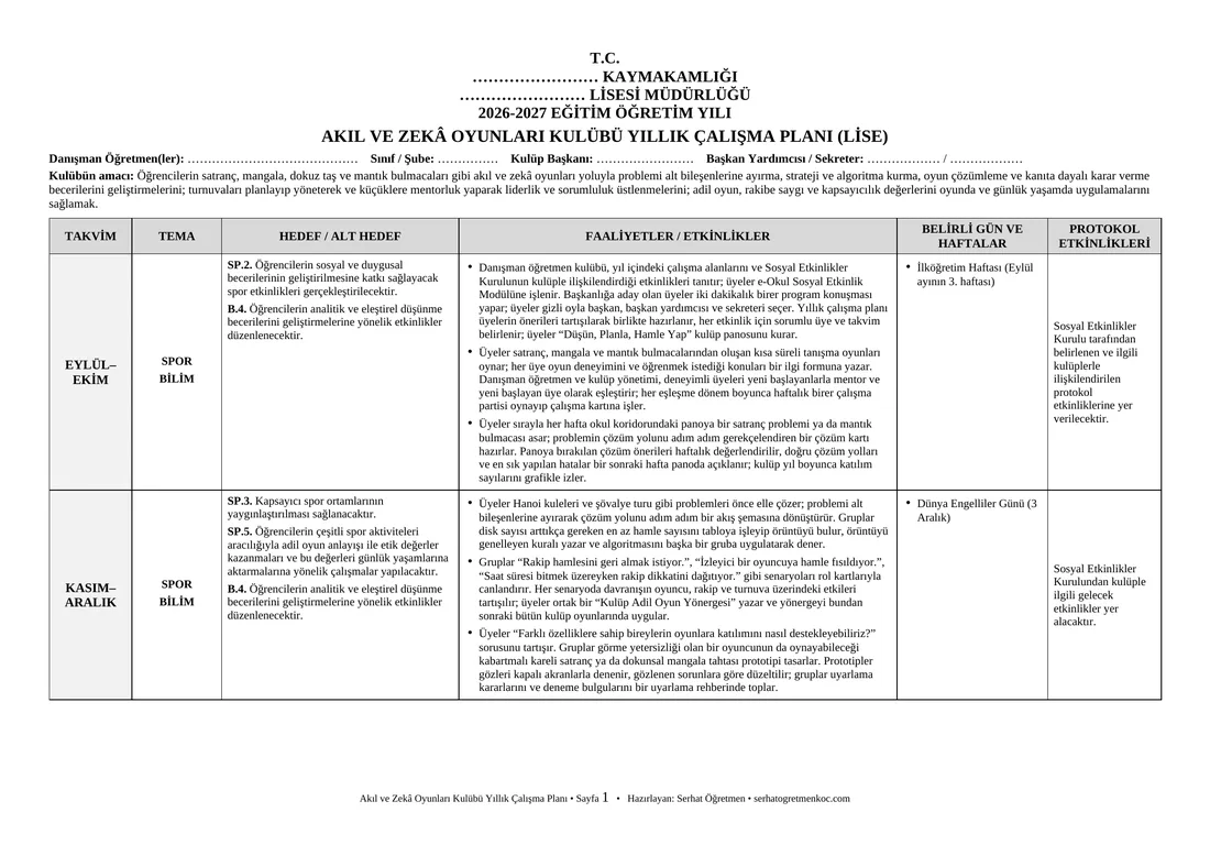 Lise Akıl ve Zekâ Oyunları Kulübü, Yıllık plan, 1. sayfa