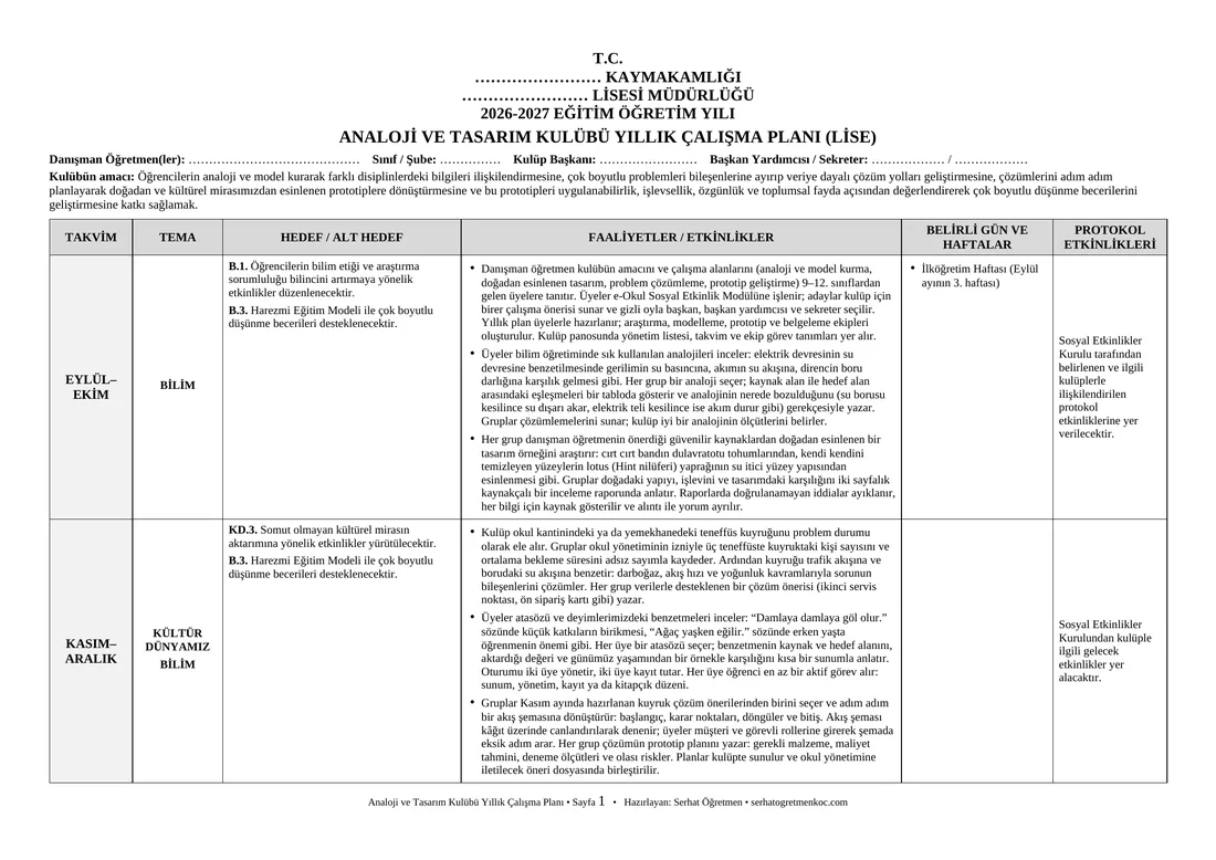 Lise Analoji ve Tasarım Kulübü, Yıllık plan, 1. sayfa