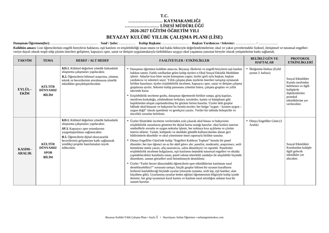Lise Beyazay Kulübü, Yıllık plan, 1. sayfa