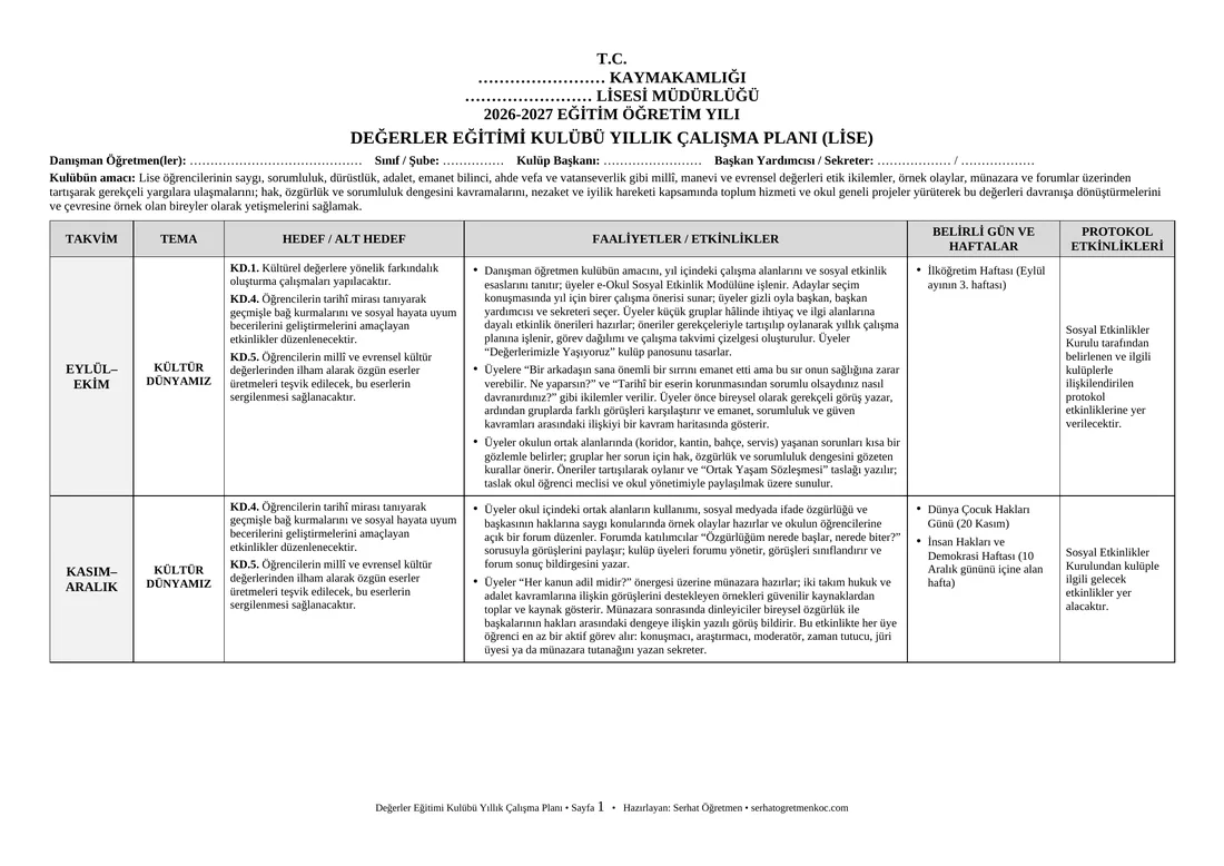 Lise Değerler Eğitimi Kulübü, Yıllık plan, 1. sayfa