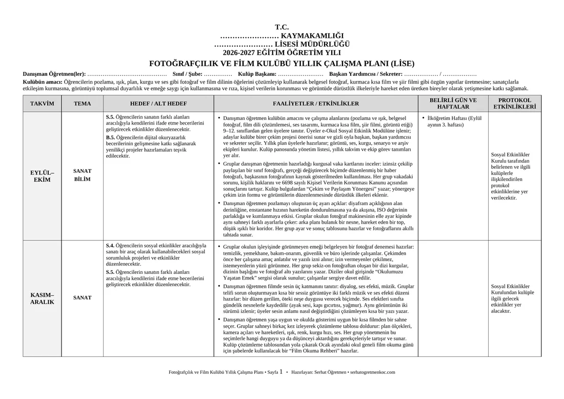 Lise Fotoğrafçılık ve Film Kulübü, Yıllık plan, 1. sayfa