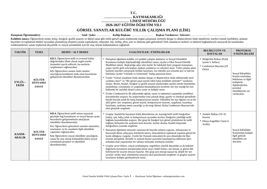 Lise Görsel Sanatlar Kulübü, Yıllık plan, 1. sayfa
