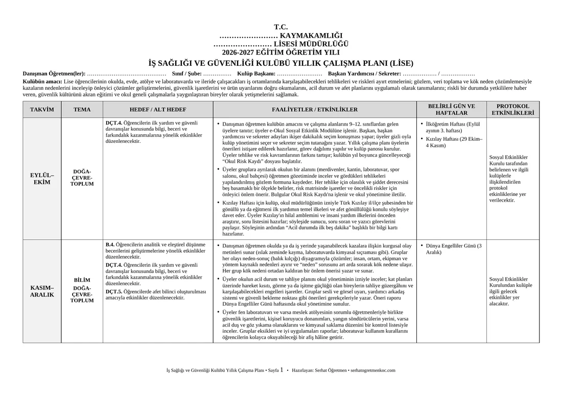 Lise İş Sağlığı ve Güvenliği Kulübü, Yıllık plan, 1. sayfa