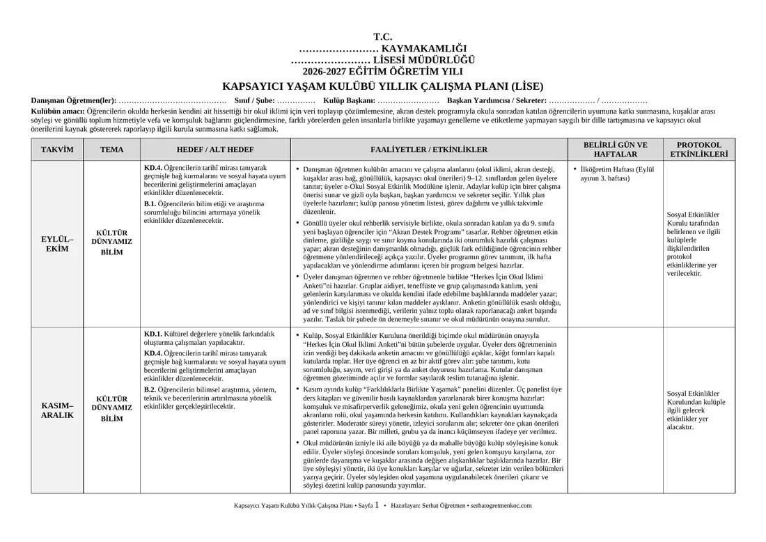 Lise Kapsayıcı Yaşam Kulübü, Yıllık plan, 1. sayfa
