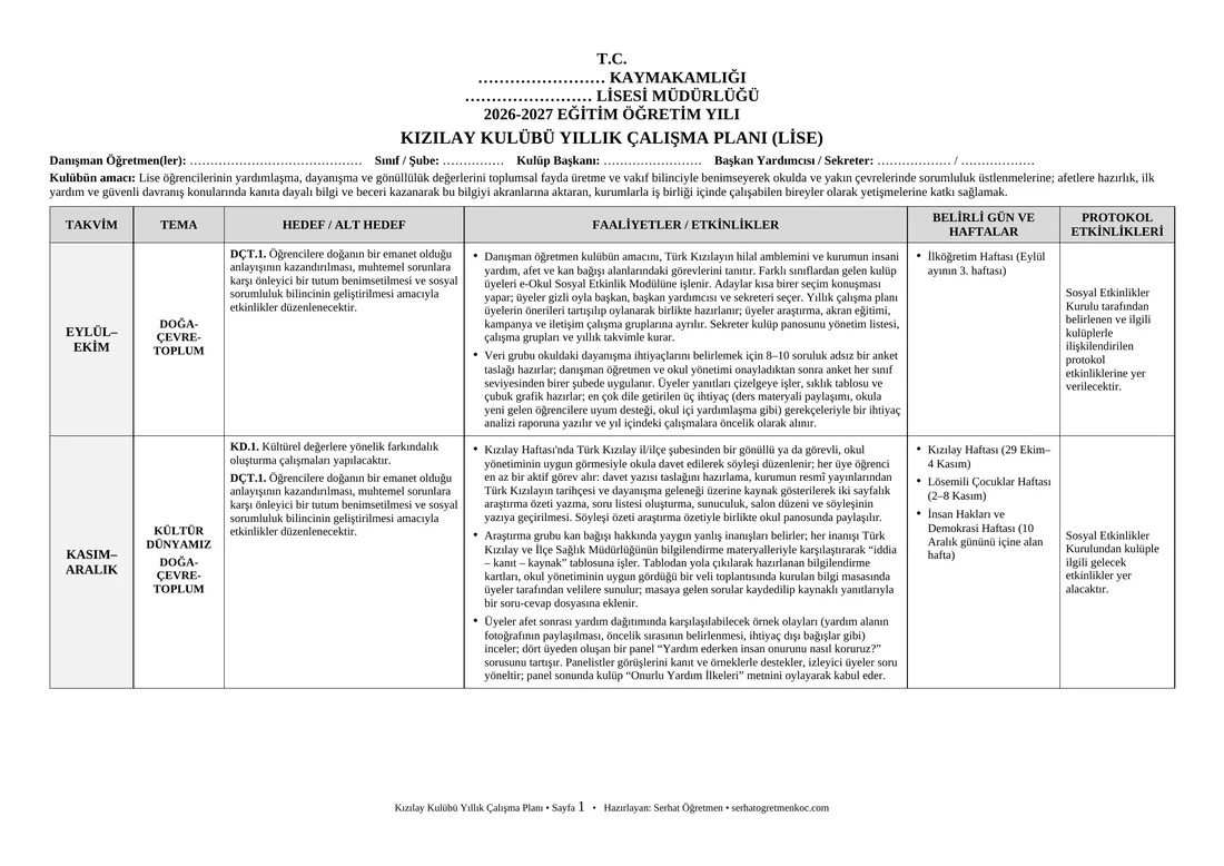 Lise Kızılay Kulübü, Yıllık plan, 1. sayfa