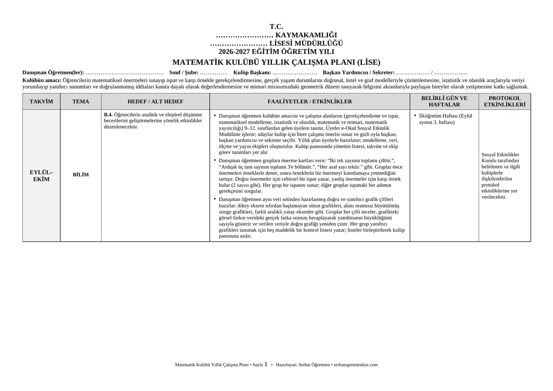Lise Matematik Kulübü, Yıllık plan, 1. sayfa