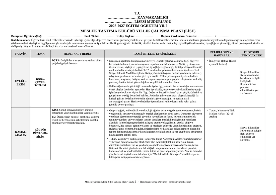 Lise Meslek Tanıtma Kulübü, Yıllık plan, 1. sayfa