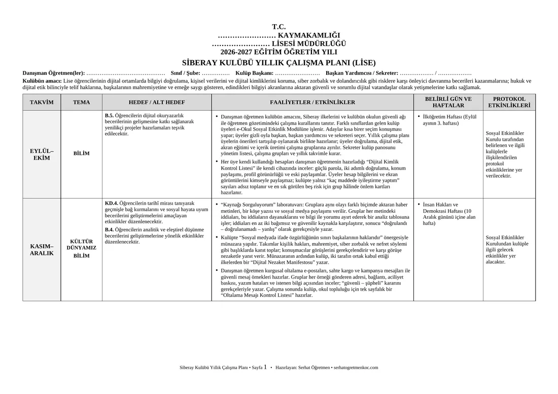 Lise Siberay Kulübü, Yıllık plan, 1. sayfa