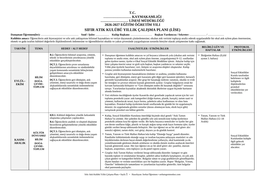 Lise Sıfır Atık Kulübü, Yıllık plan, 1. sayfa