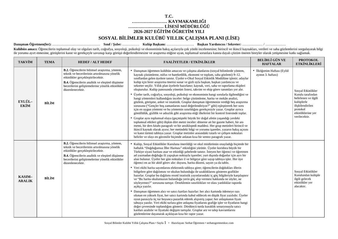 Lise Sosyal Bilimler Kulübü, Yıllık plan, 1. sayfa