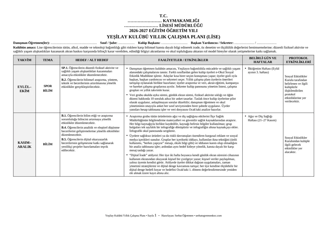 Lise Yeşilay Kulübü, Yıllık plan, 1. sayfa