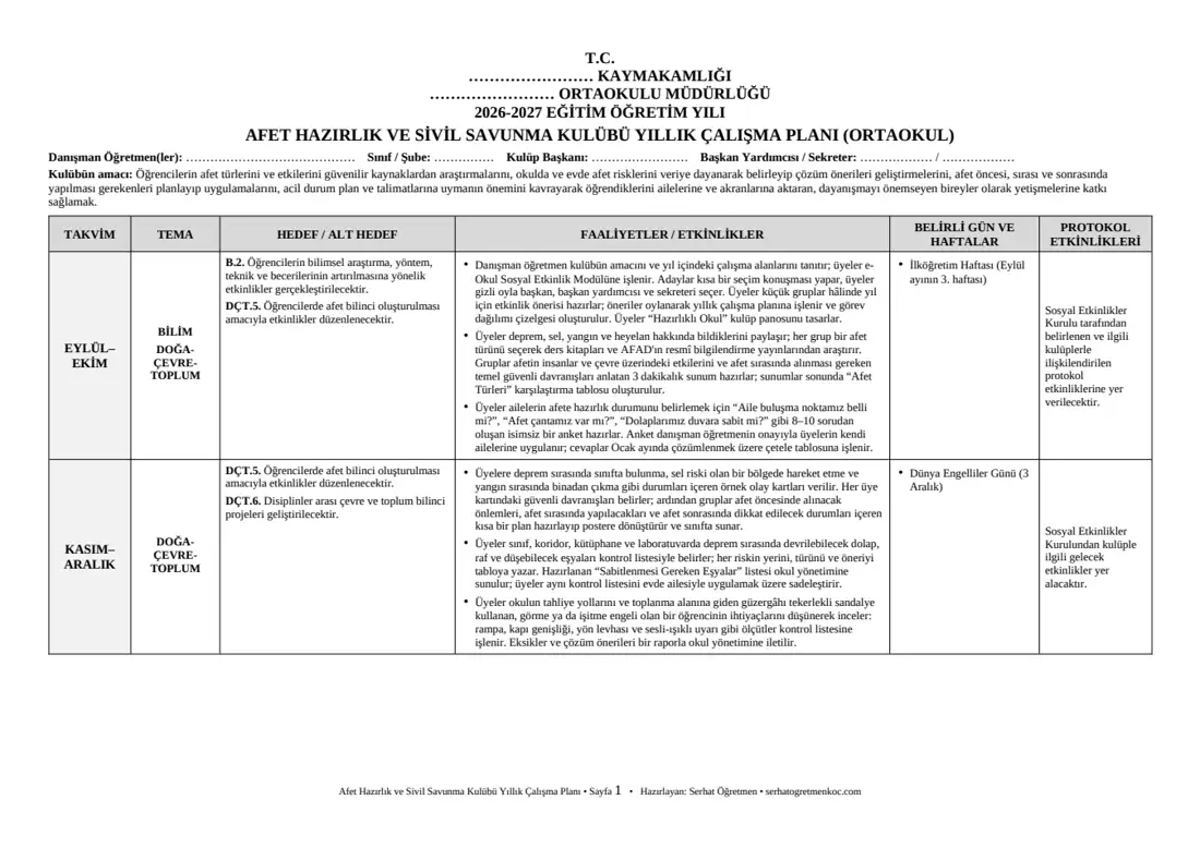 Ortaokul Afet Hazırlık ve Sivil Savunma Kulübü, Yıllık plan, 1. sayfa