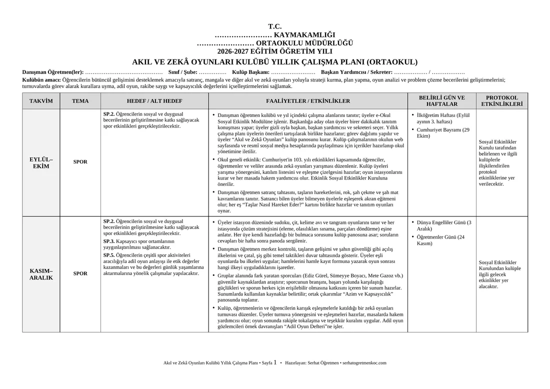 Ortaokul Akıl ve Zekâ Oyunları Kulübü, Yıllık plan, 1. sayfa