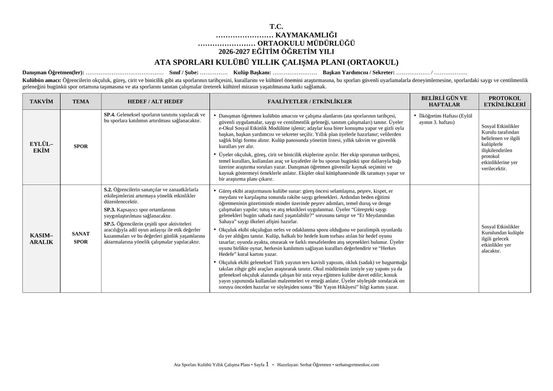 Ortaokul Ata Sporları Kulübü, Yıllık plan, 1. sayfa